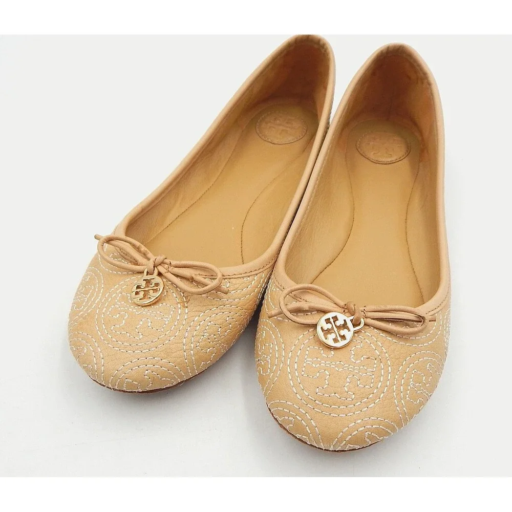 Tory Burch Women's Chelsea Stitched Logo Ballet Flats Iced Coffee Size 7.5